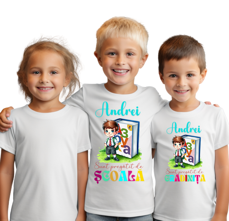 Tricou alb  Back to school prima zi de gradinita scoala din bumbac ABS11217