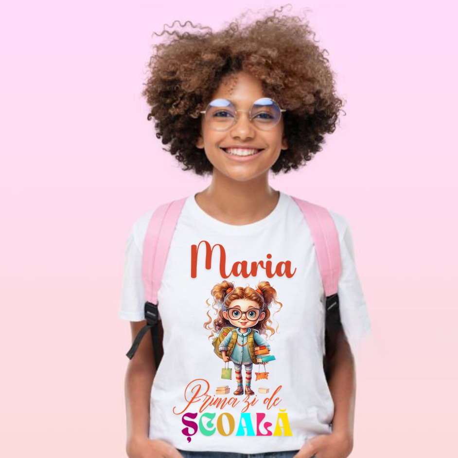 Tricou alb  Back to school prima zi de gradinita scoala din bumbac ABS11218