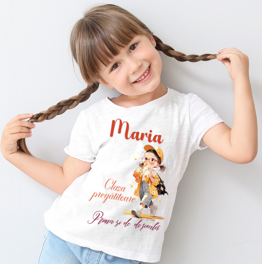 Tricou alb  Back to school prima zi de gradinita scoala din bumbac ABS11219