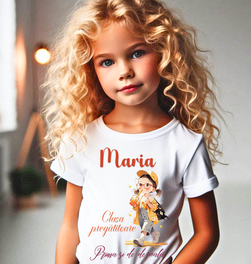 Tricou alb  Back to school prima zi de gradinita scoala din bumbac ABS11219