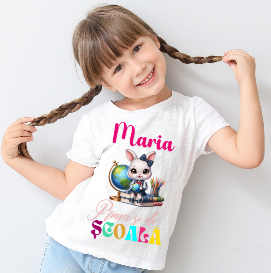Tricou alb  Back to school prima zi de gradinita scoala din bumbac ABS11220