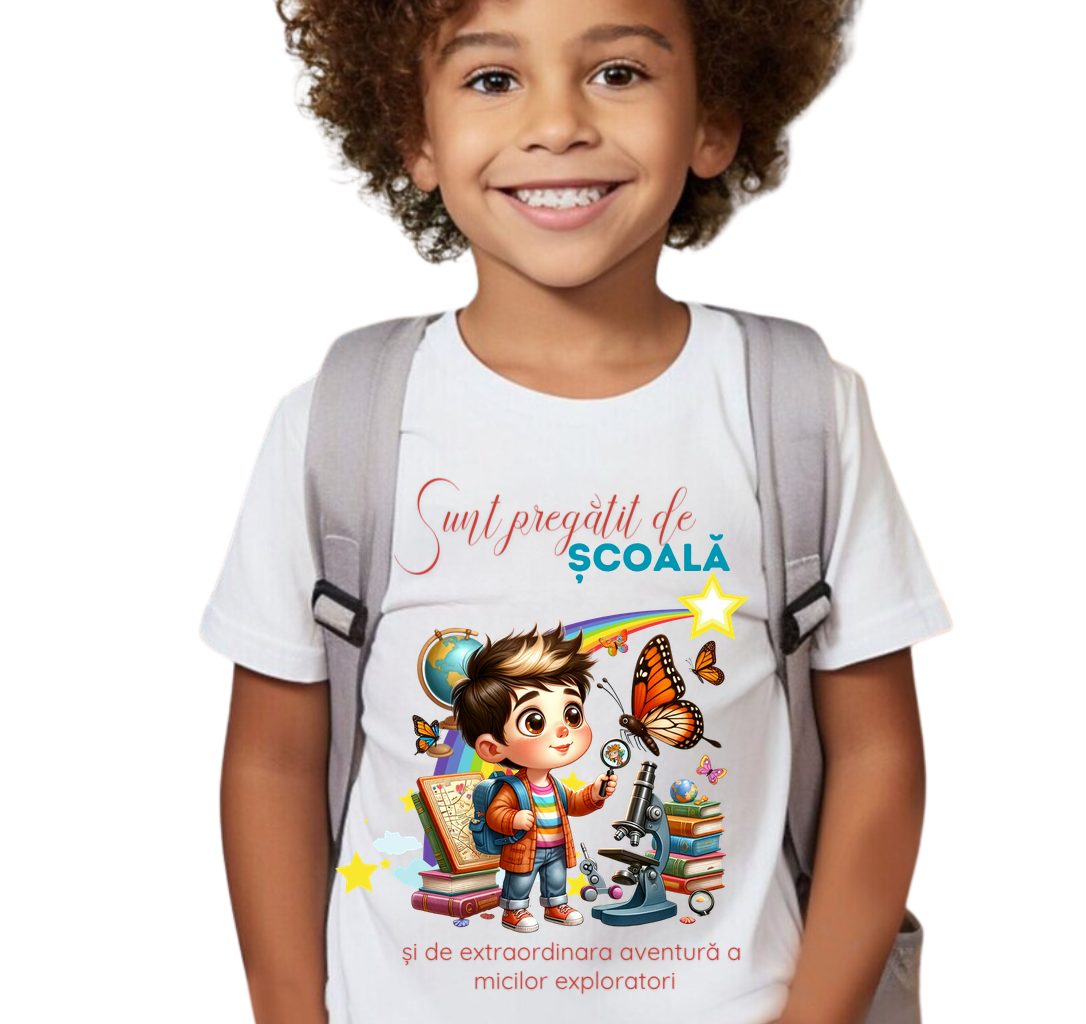 Tricou alb  Back to school prima zi de gradinita scoala din bumbac ABS11223