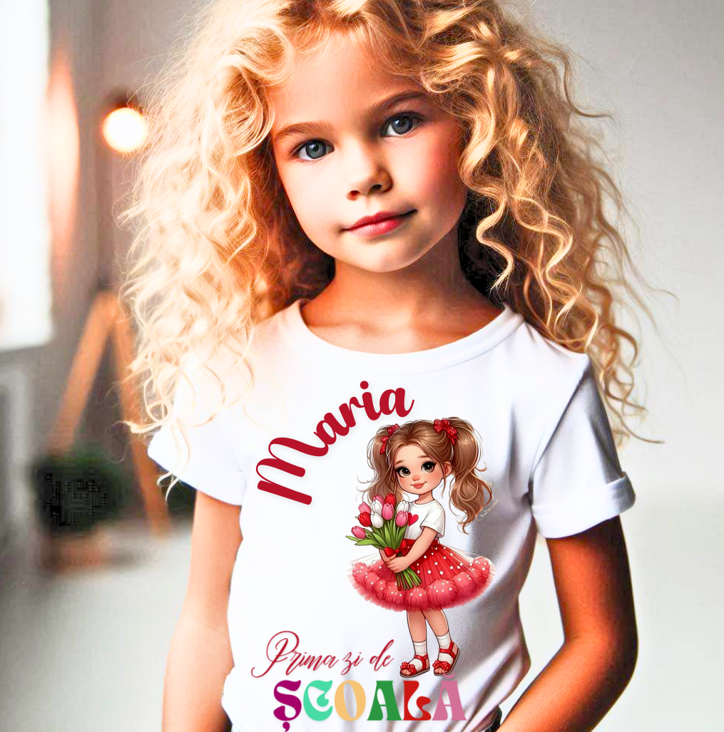 Tricou alb  Back to school prima zi de gradinita scoala din bumbac ABS11224