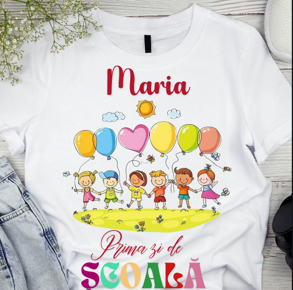 Tricou alb  Back to school prima zi de gradinita scoala din bumbac ABS11226