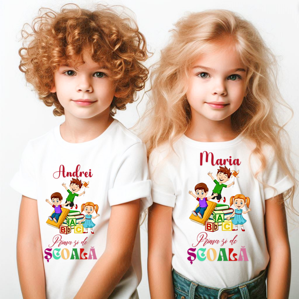 Tricou alb  Back to school prima zi de gradinita scoala din bumbac ABS11227