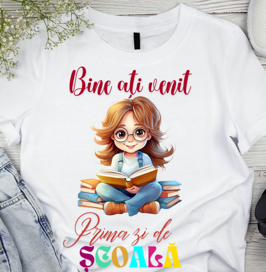 Tricou alb  Back to school prima zi de gradinita scoala din bumbac ABS11228