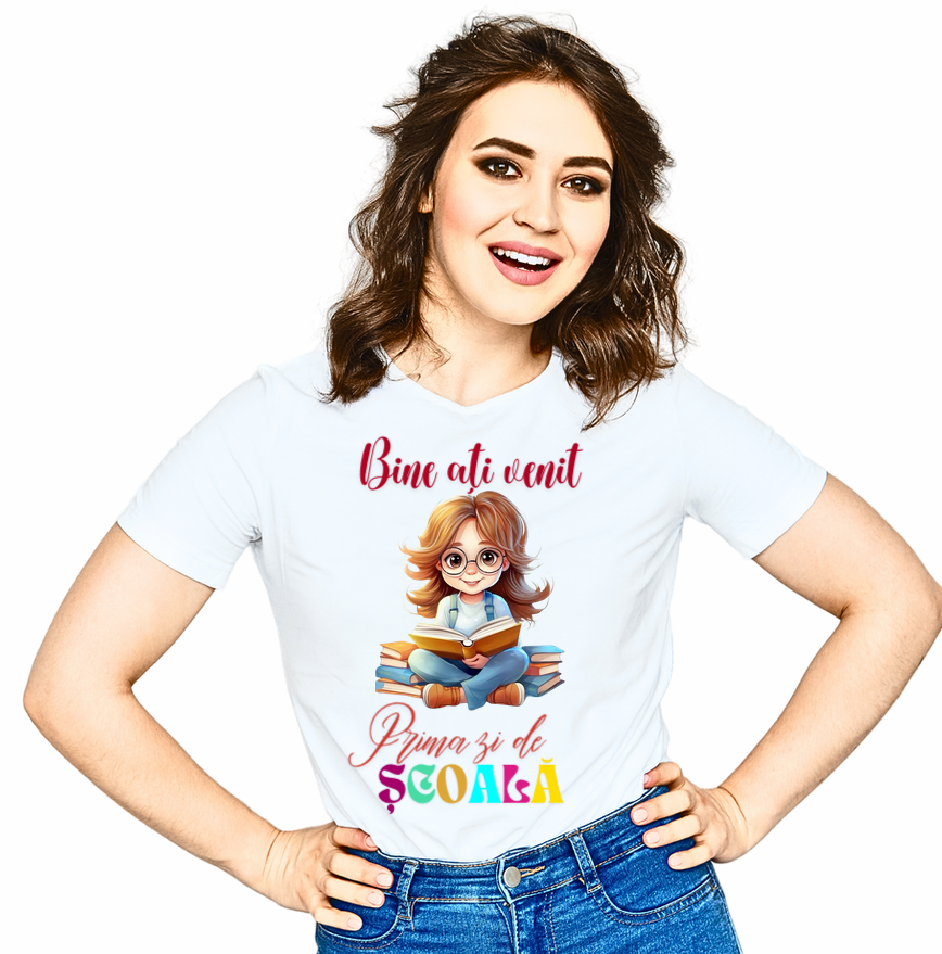 Tricou alb  Back to school prima zi de gradinita scoala din bumbac ABS11228