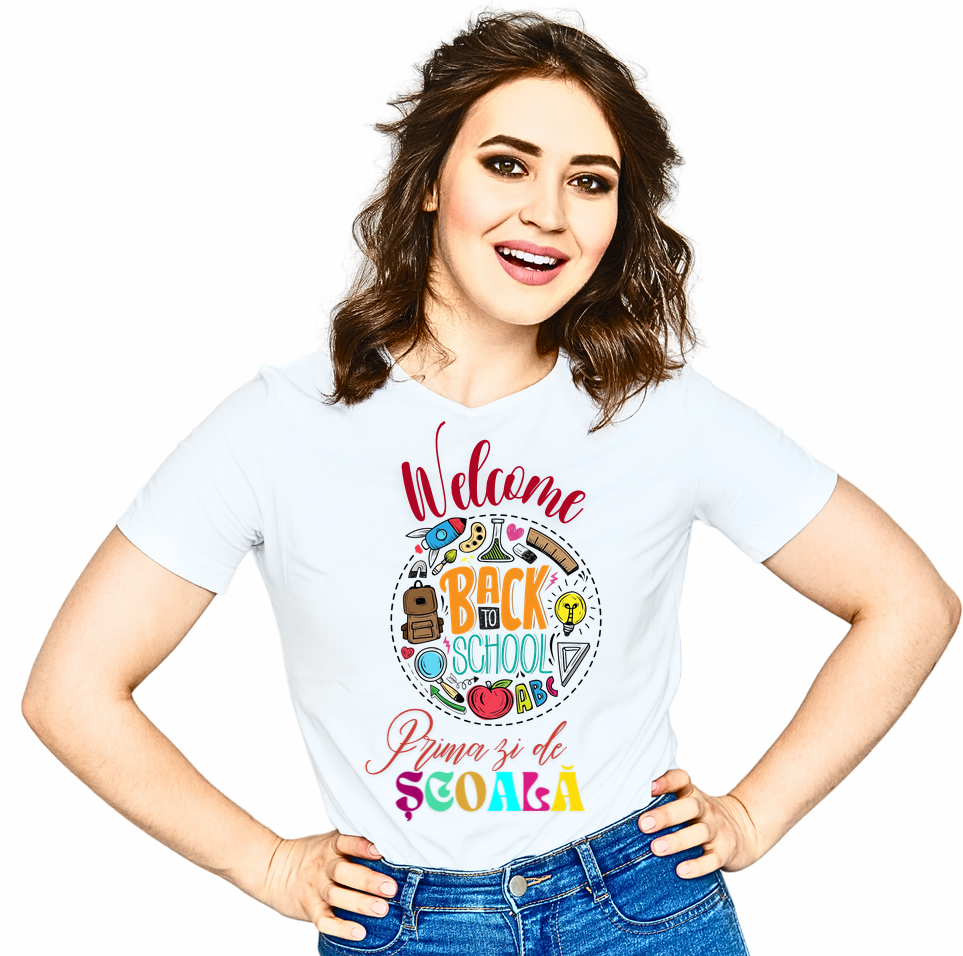Tricou alb  Back to school prima zi de gradinita scoala din bumbac ABS11229