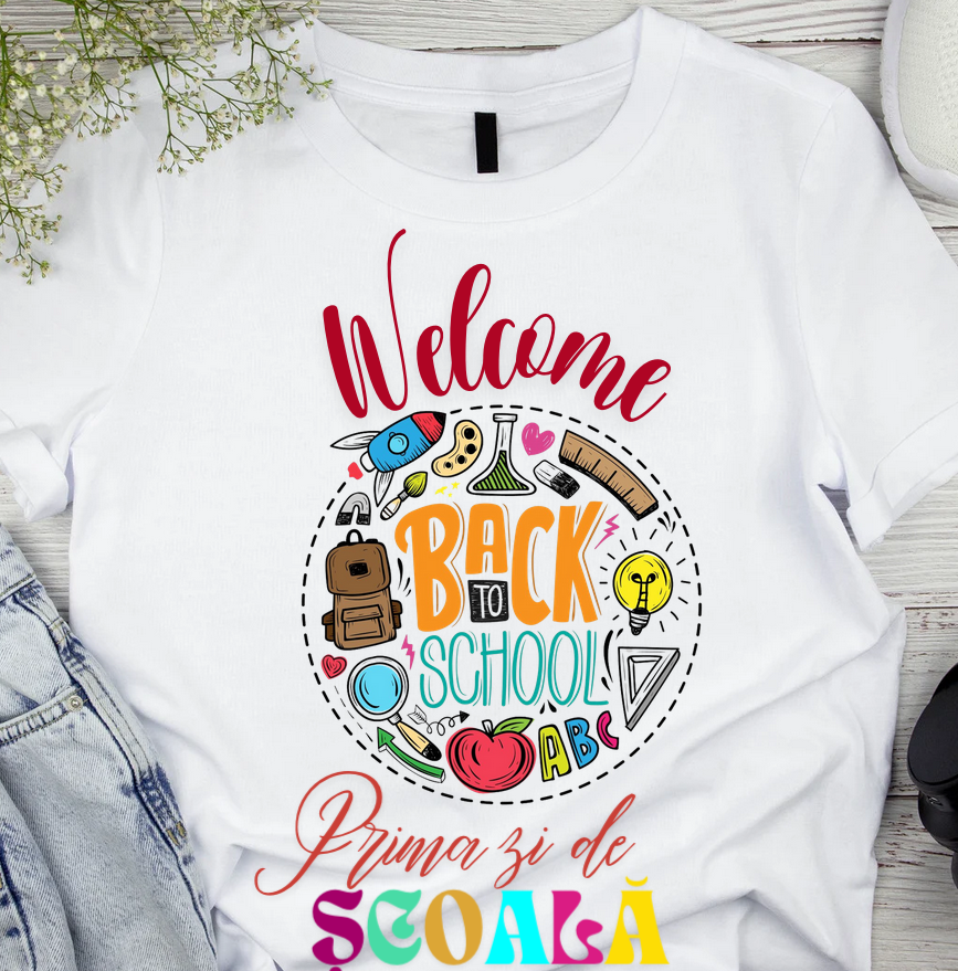 Tricou alb  Back to school prima zi de gradinita scoala din bumbac ABS11229