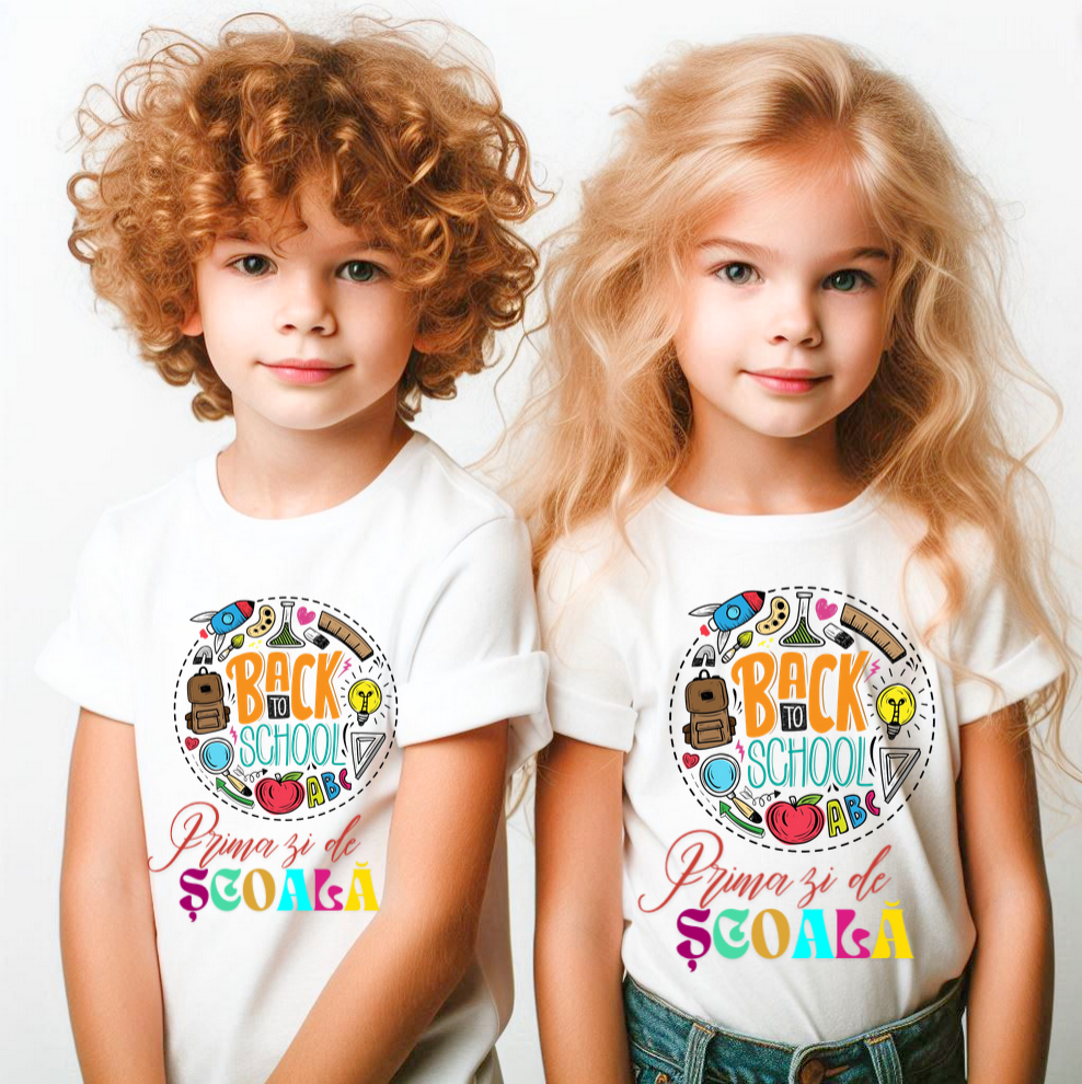 Tricou alb  Back to school prima zi de gradinita scoala din bumbac ABS11229