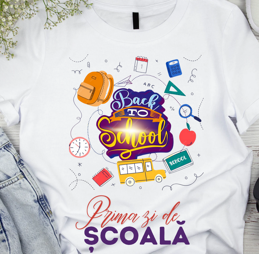 Tricou alb  Back to school prima zi de gradinita scoala din bumbac ABS11230