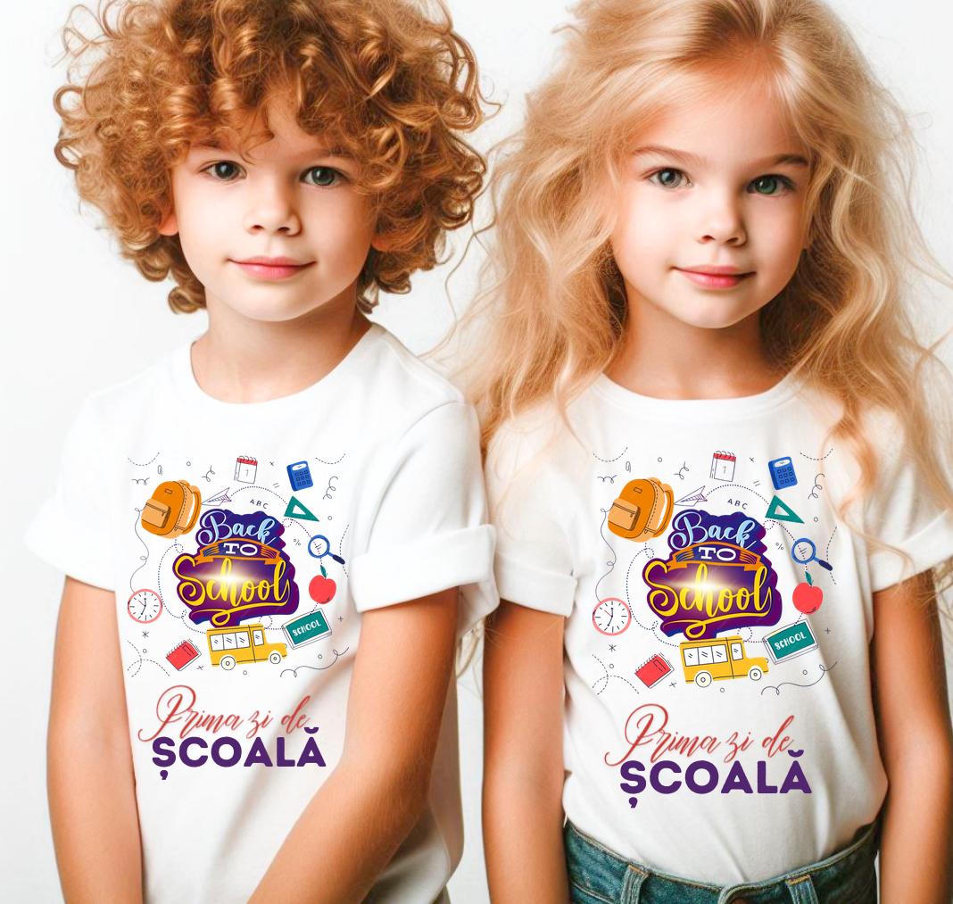 Tricou alb  Back to school prima zi de gradinita scoala din bumbac ABS11230