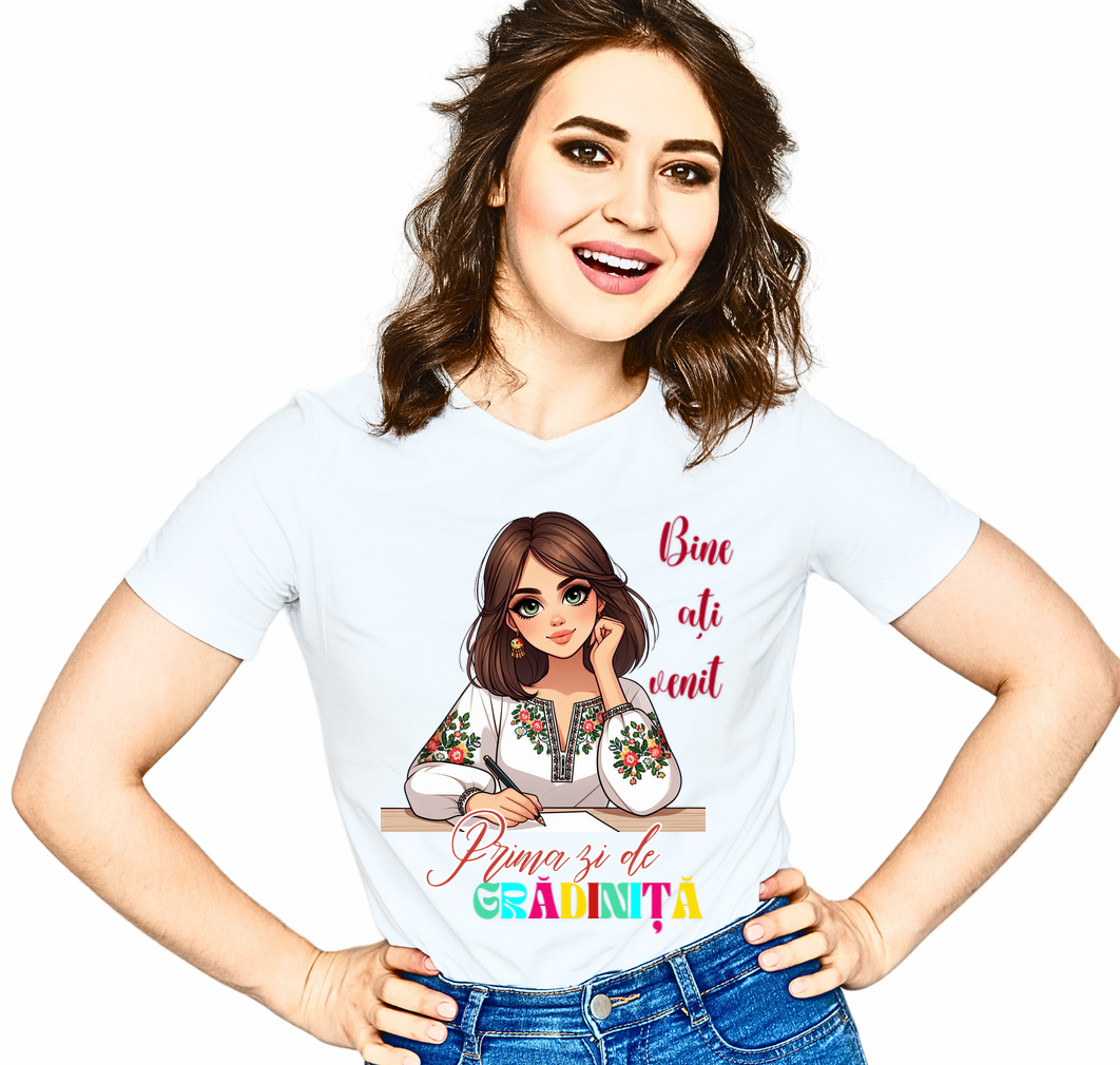 Tricou alb  Back to school prima zi de gradinita scoala din bumbac ABS11231