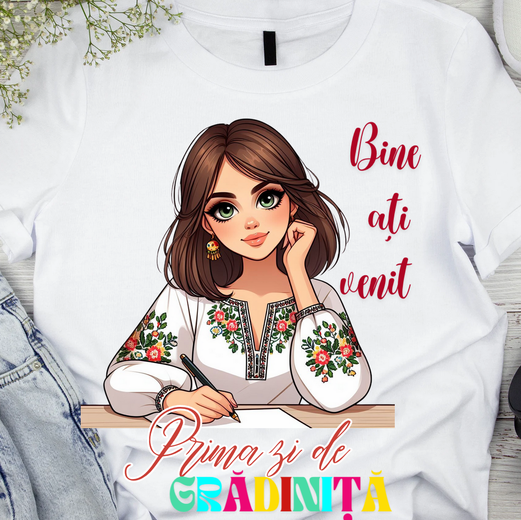 Tricou alb  Back to school prima zi de gradinita scoala din bumbac ABS11231
