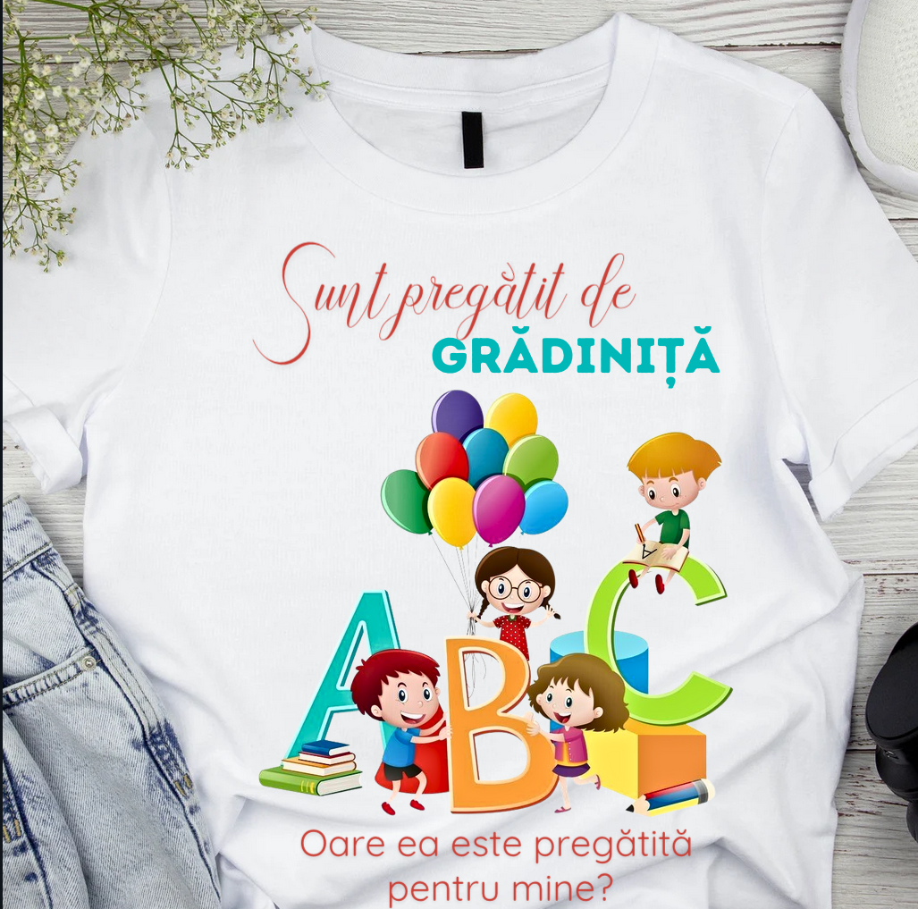 Tricou alb  Back to school prima zi de gradinita scoala din bumbac ABS11234