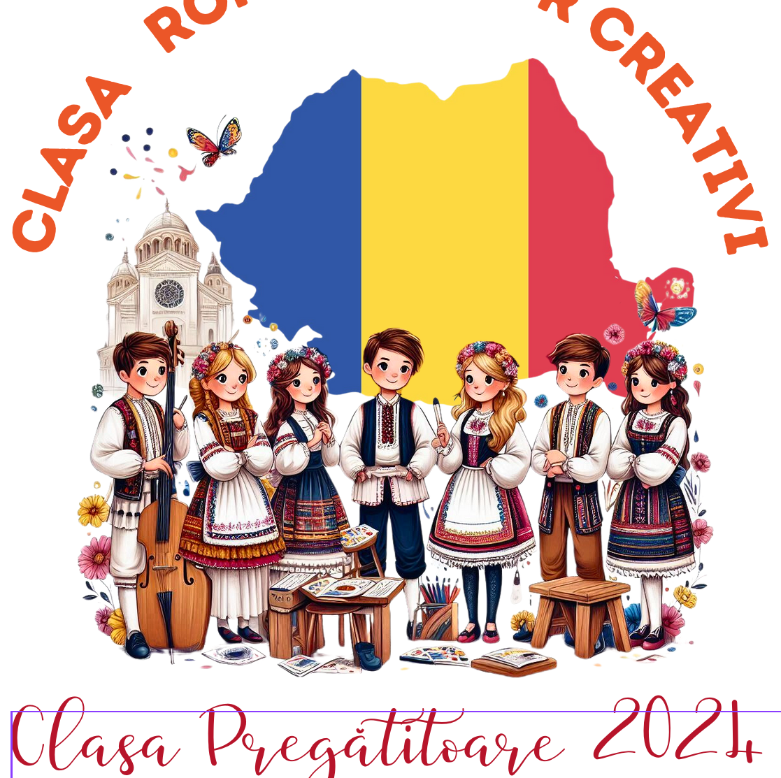 Tricou alb  Clasa Romanasilor creativi Back to school prima zi de gradinita  din bumbac ABS11330