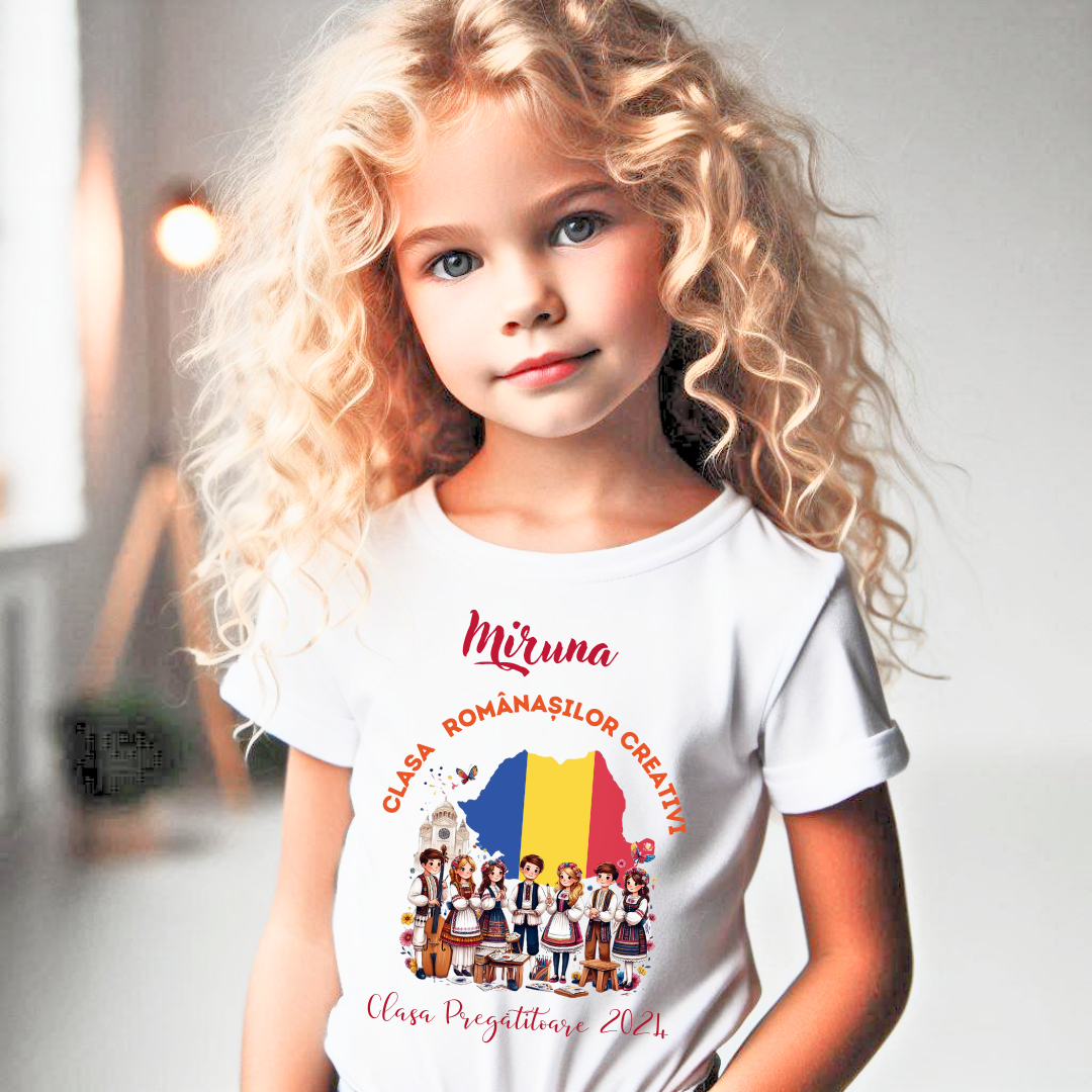 Tricou alb  Clasa Romanasilor creativi Back to school prima zi de gradinita  din bumbac ABS11330