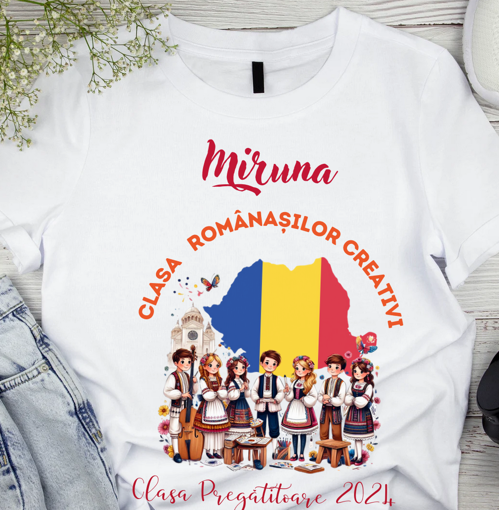 Tricou alb  Clasa Romanasilor creativi Back to school prima zi de gradinita  din bumbac ABS11330