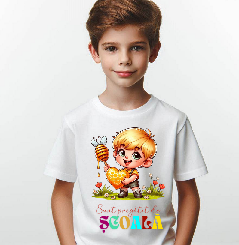 Tricou alb Back to school prima zi de scoala din bumbac ABS1132.02