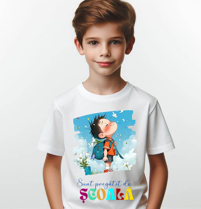 Tricou alb Back to school prima zi de scoala din bumbac ABS1132.03