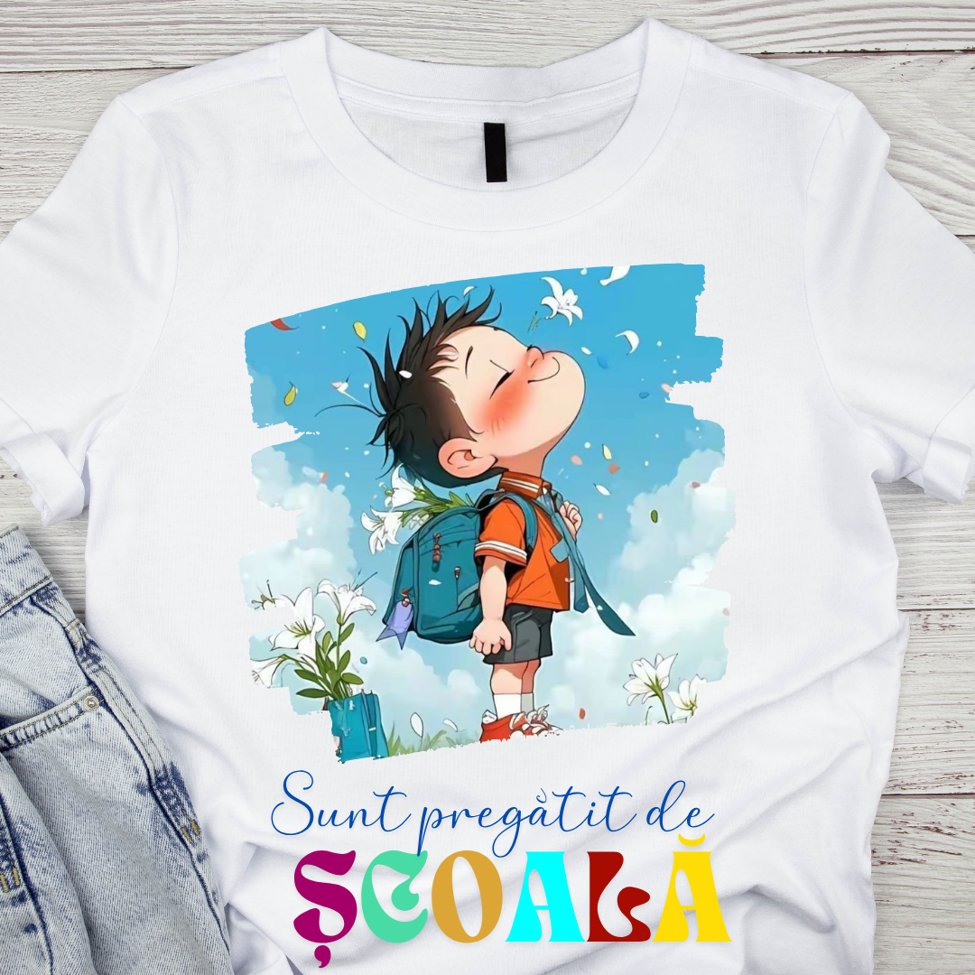Tricou alb Back to school prima zi de scoala din bumbac ABS1132.03