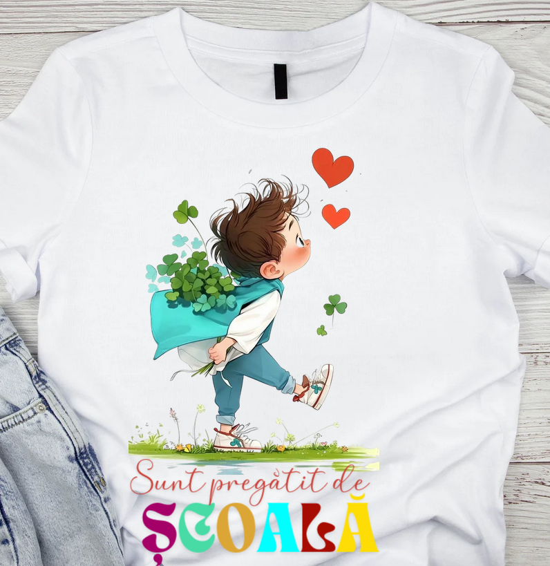 Tricou alb Back to school prima zi de scoala din bumbac