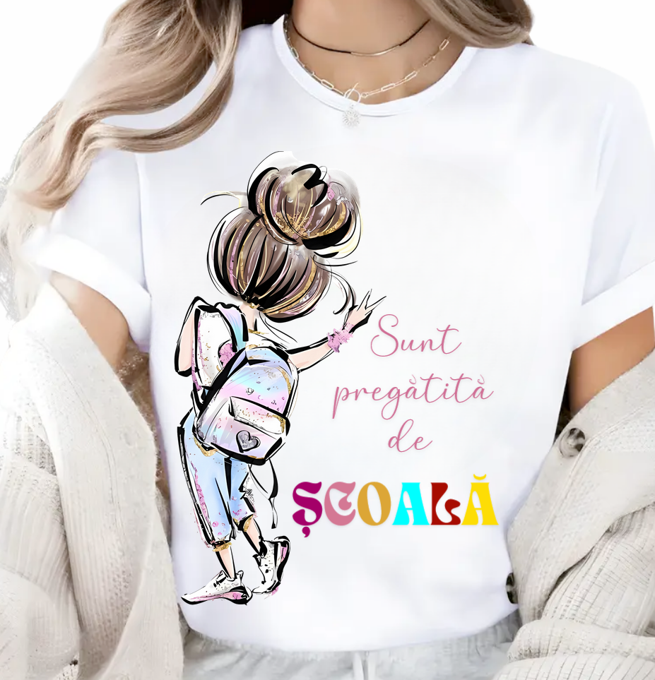 Tricou alb Back to school prima zi de scoala din bumbac