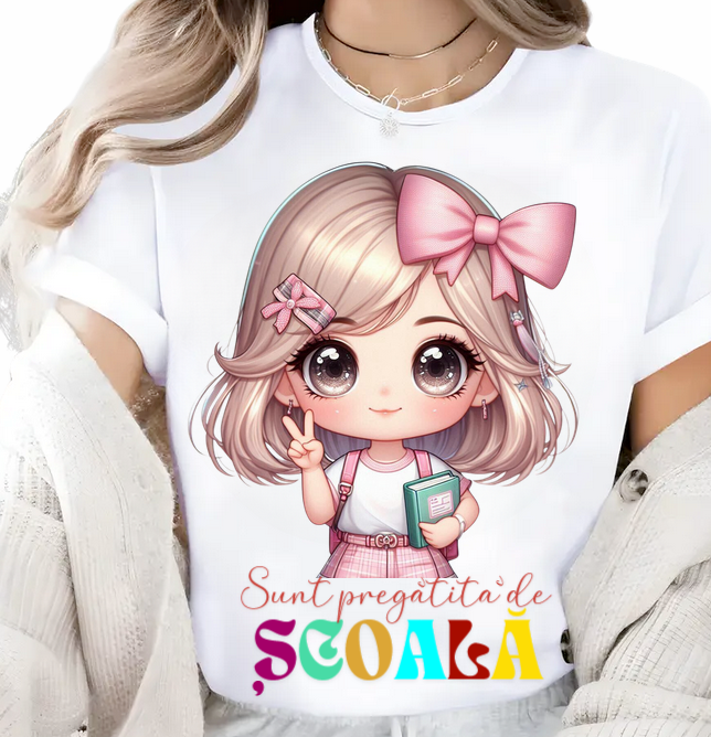 Tricou alb Back to school prima zi de scoala din bumbac
