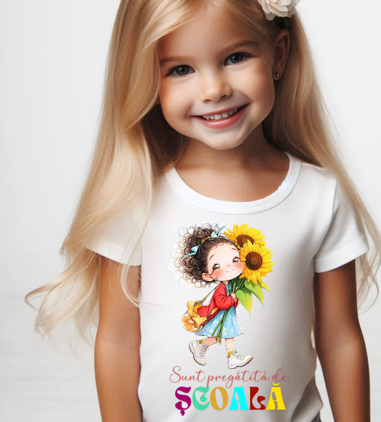 Tricou alb Back to school prima zi de scoala din bumbac