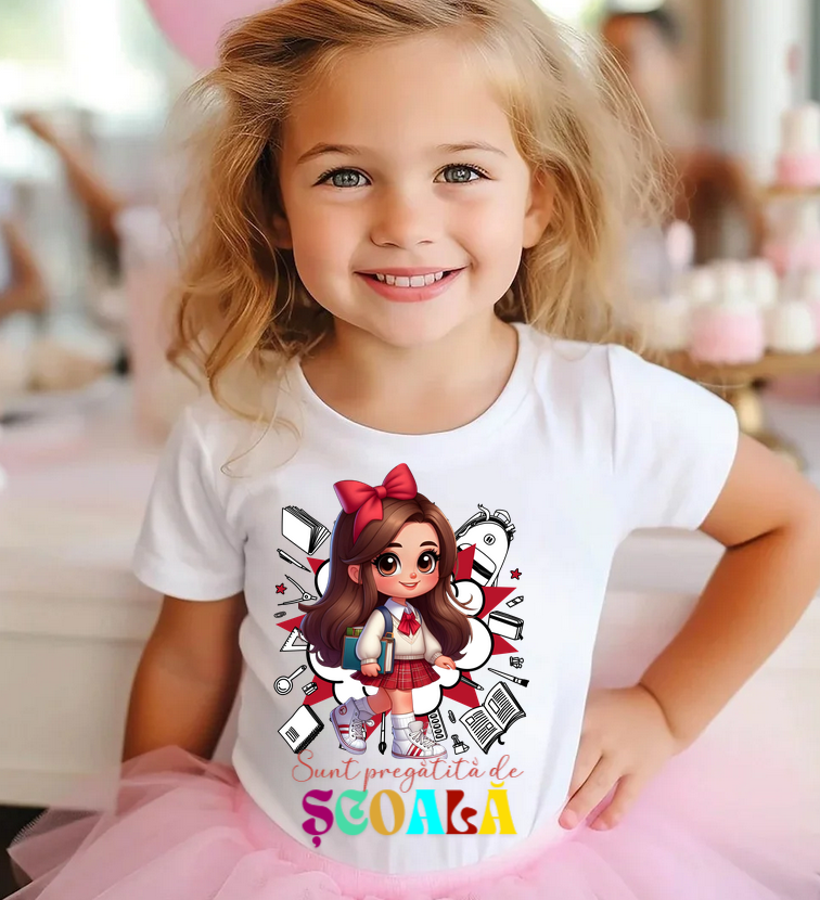 Tricou alb Back to school prima zi de scoala din bumbac