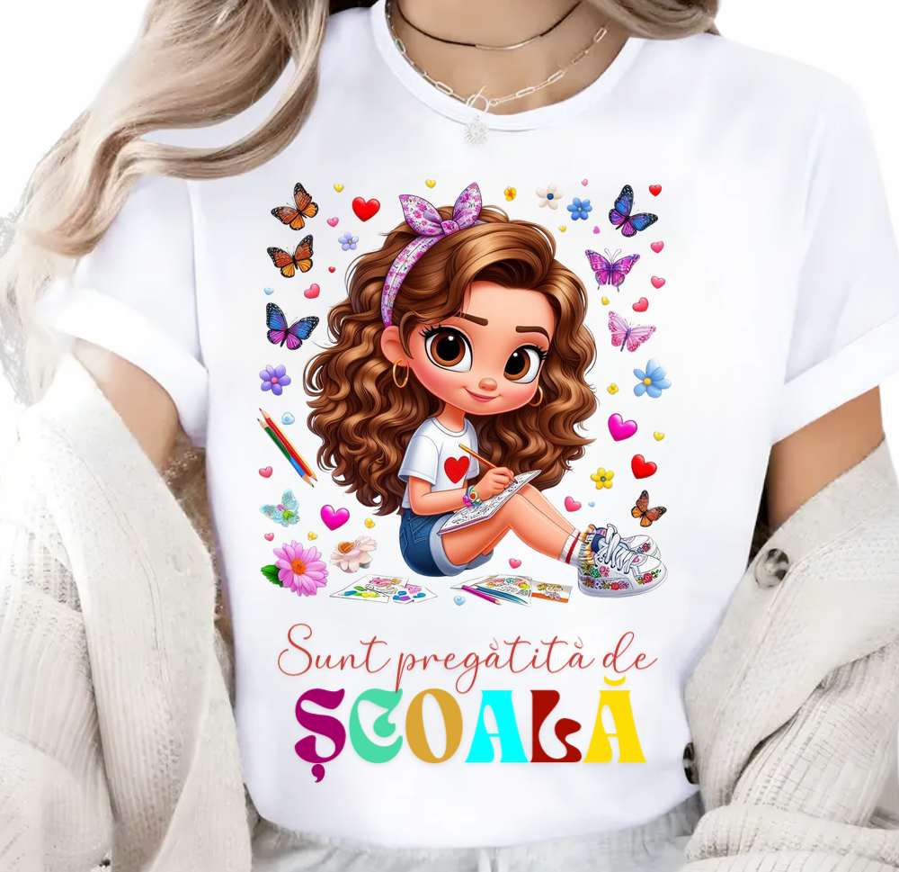 Tricou alb Back to school prima zi de scoala din bumbac