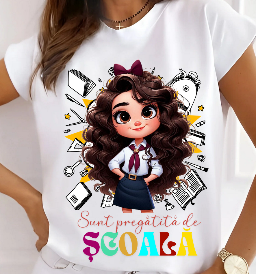 Tricou alb Back to school prima zi de scoala din bumbac