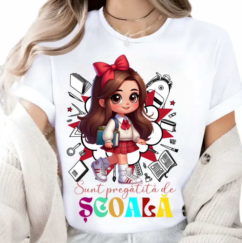 Tricou alb Back to school prima zi de scoala din bumbac