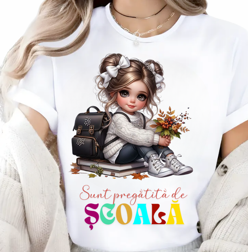 Tricou alb Back to school prima zi de scoala din bumbac