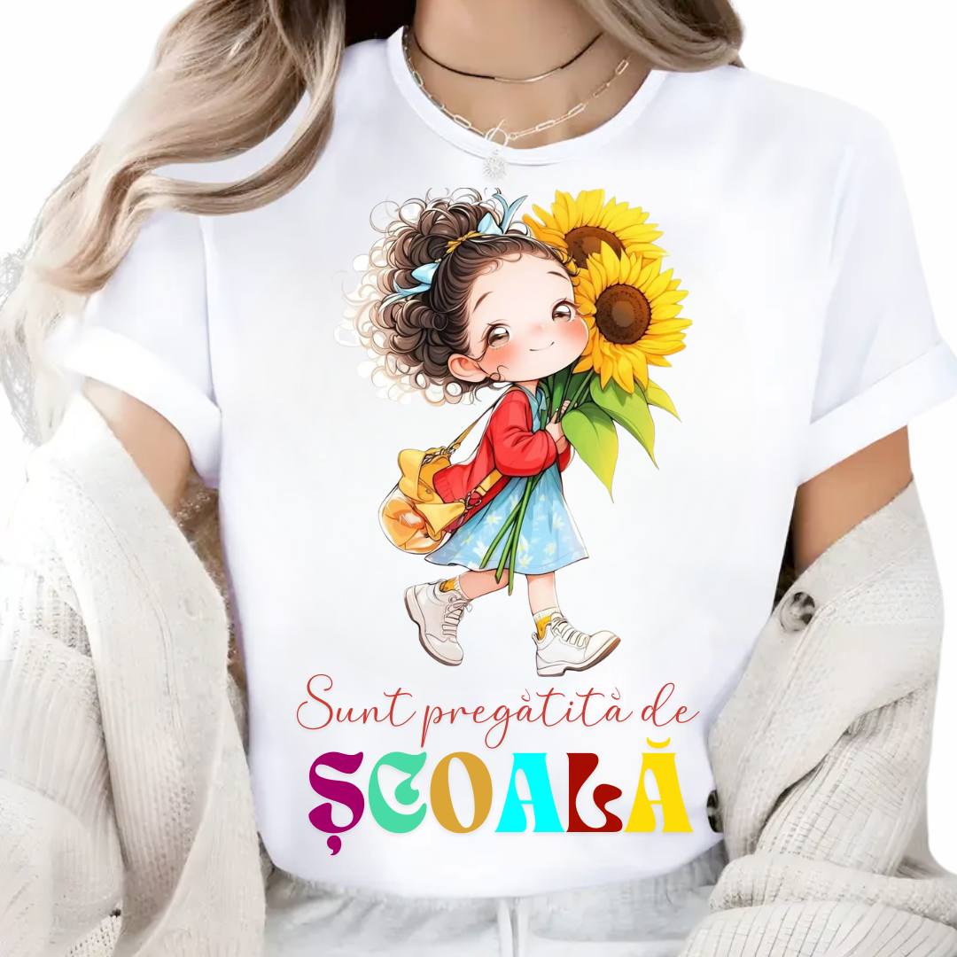 Tricou alb Back to school prima zi de scoala din bumbac