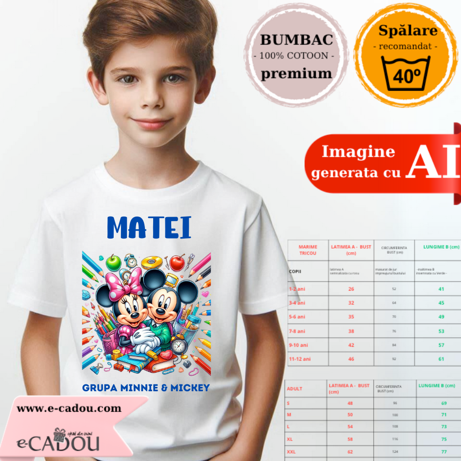 Tricou alb Clasa lui Minnie si Mickey Mouse la scoala din bumbac ABS116.5