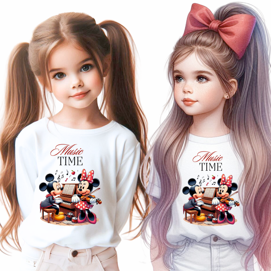Tricou alb Clasa lui Minnie si Mickey Mouse Music time din bumbac ABS116.8
