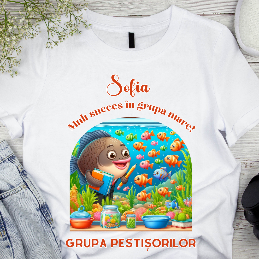 Tricou alb GRUPA Pestisorilor prima zi de gradinita  din bumbac ABS1135.5