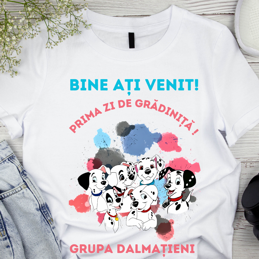 Tricou alb GRUPA Dalmatienilor prima zi de gradinita  din bumbac ABS1135.8