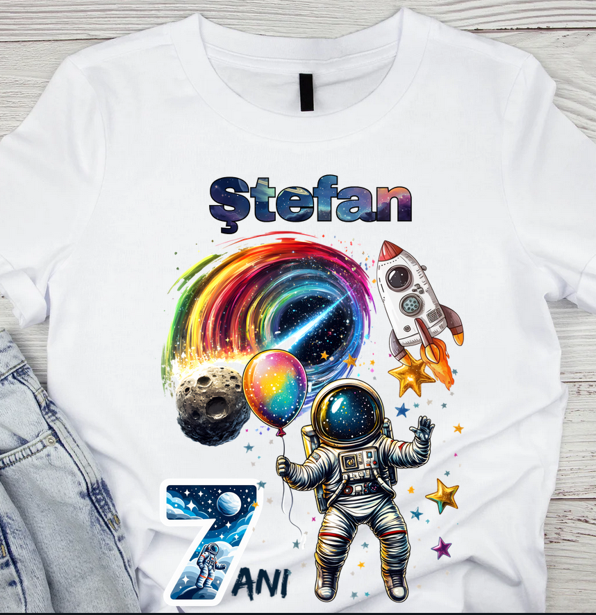 Tricou aniversar astronaut pentru copii  alb din bumbac AST1143