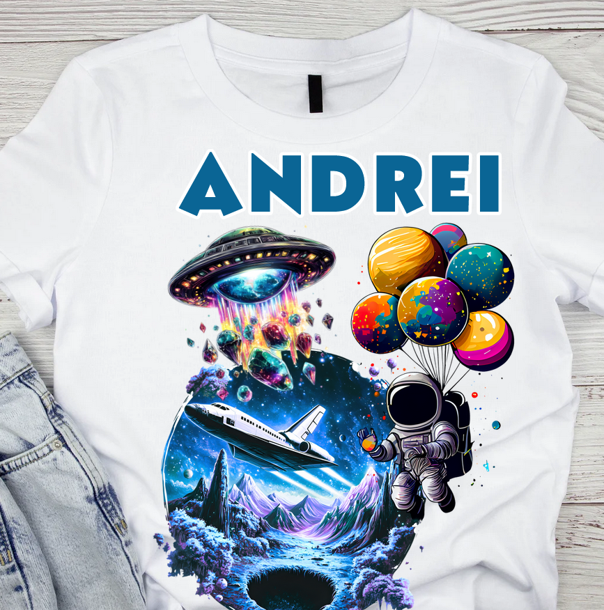 Tricou aniversar astronaut pentru copii  alb din bumbac AST1153