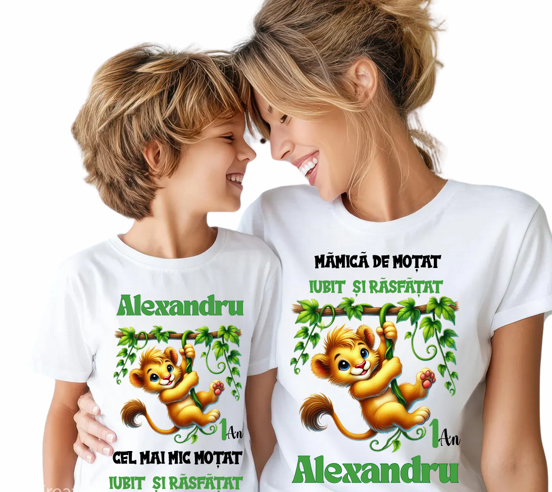 Tricouri Family Aniversare Personalizat pentru mot – Cadou Haios pentru Copii și Părinți | Model Tematic Jungla WILD One
