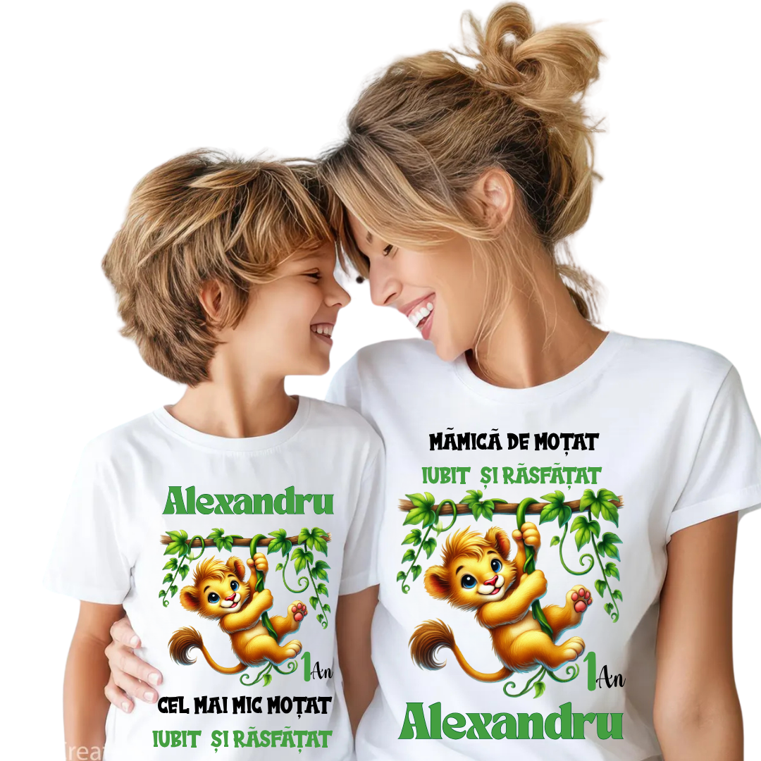 Tricouri Family Aniversare Personalizat pentru mot – Cadou Haios pentru Copii și Părinți | Model Tematic Jungla WILD One