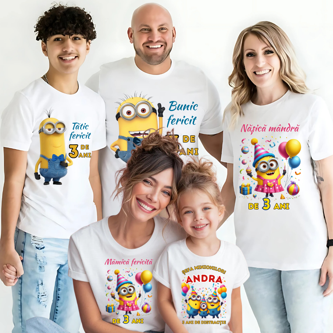 Tricou Aniversare Personalizat cu Minion – Cadou Haios pentru Copii și Părinți | Model Tematic cu Vârsta și Nume