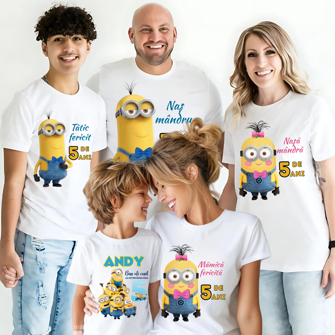 Tricou Aniversare Personalizat cu Minion – Cadou Haios pentru Copii și Părinți | Model Tematic cu Vârsta și Nume