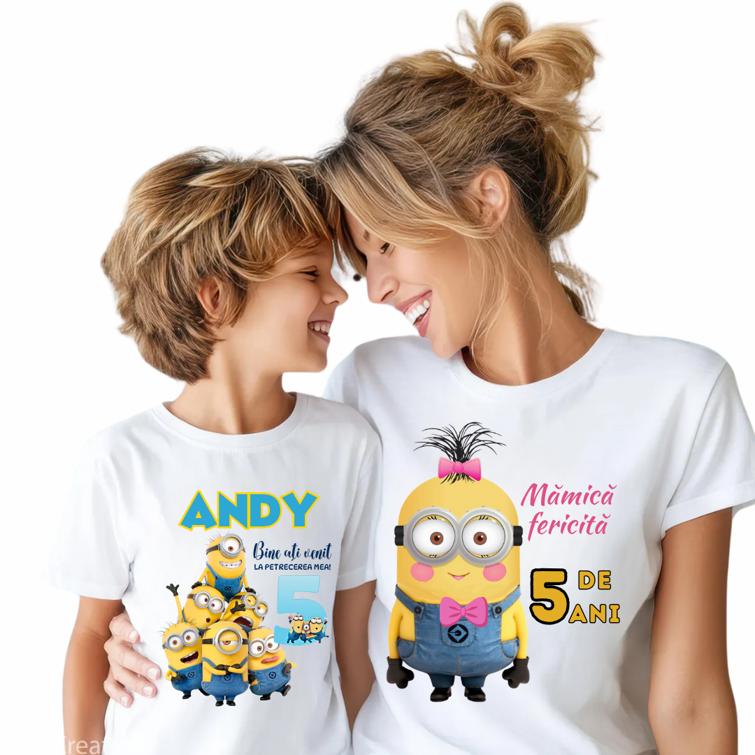 Tricou Aniversare Personalizat cu Minion – Cadou Haios pentru Copii și Părinți | Model Tematic cu Vârsta și Nume