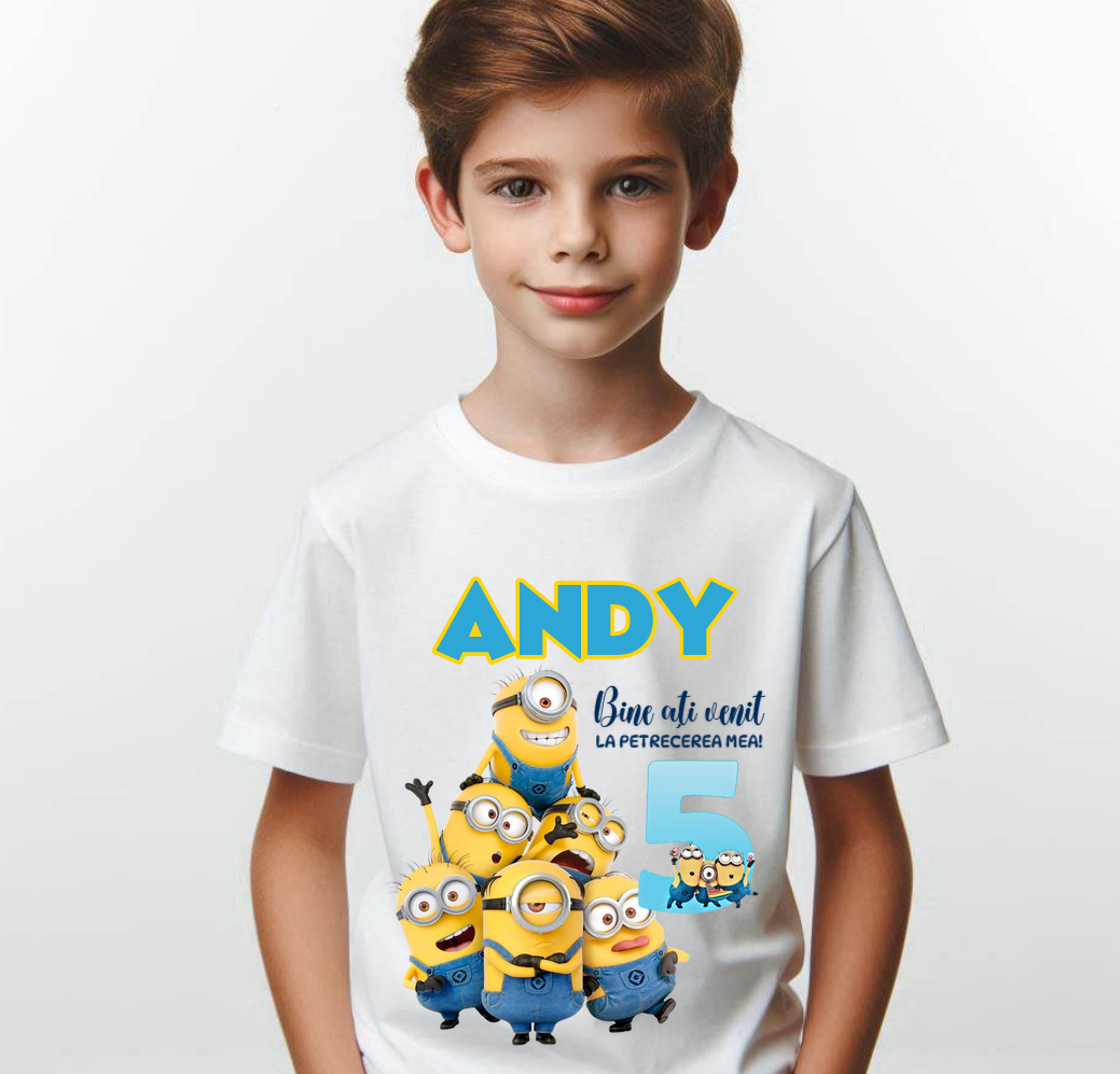 Tricou Aniversare Personalizat cu Minion – Cadou Haios pentru Copii și Părinți | Model Tematic cu Vârsta și Nume