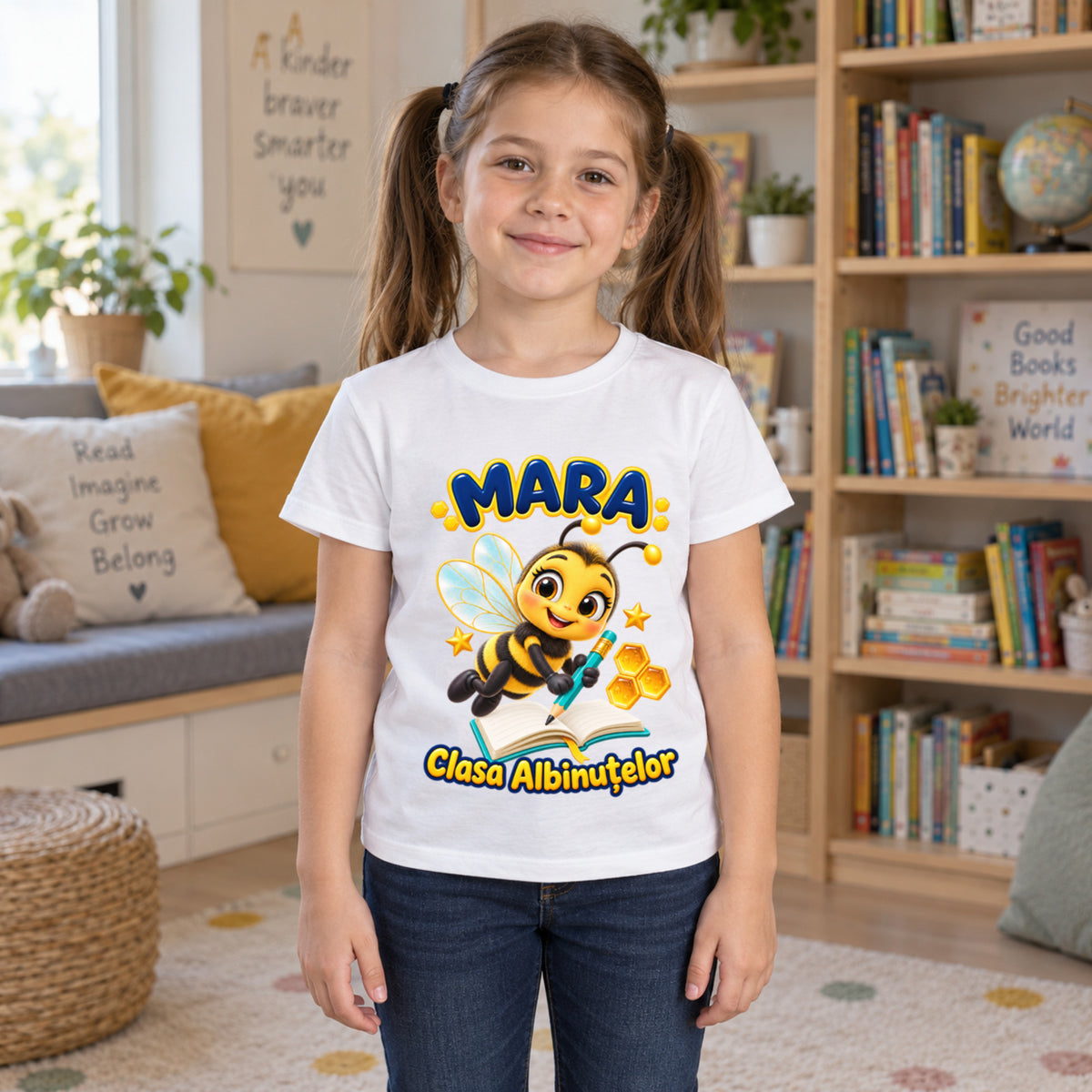Tricou personalizat Clasa Albinuțelor – Albinuța cu Creion – Model 01 – Copil în spațiu de lectură, imprimeu centrat și coborât
