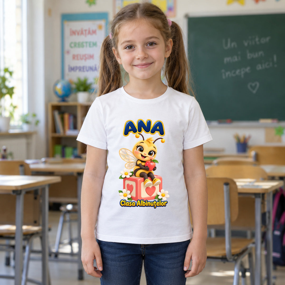 Tricou personalizat Clasa Albinuțelor – Albinuța cu Măr – Model 03 – Copil în clasă, imprimeu centrat și coborât