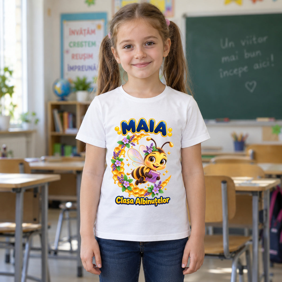 Tricou personalizat Clasa Albinuțelor – Albinuța de Poveste – Model 05 – Copil în clasă, imprimeu centrat și coborât